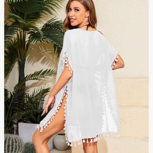 White Sheer Tassel Trim Cover-Up NWOT - Picture 8 of 8